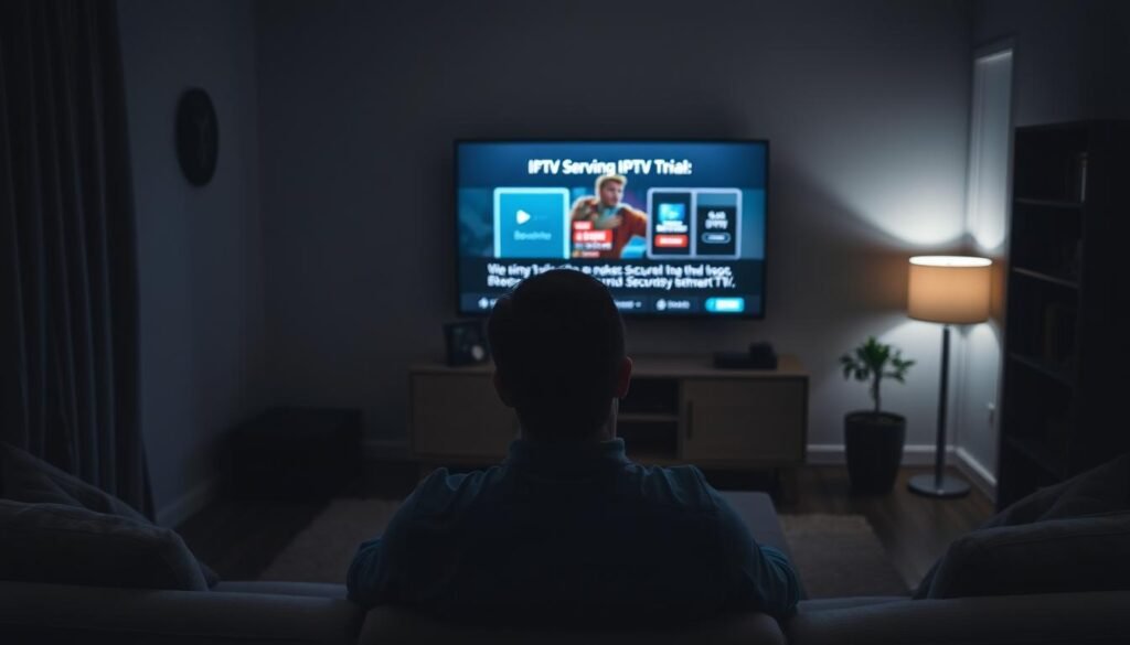 A dimly lit living room, a person sitting on a couch intently watching a Smart TV displaying the BestSmartIPTV app interface. The room is filled with a sense of security and privacy, with subtle lighting and muted colors creating a calming atmosphere. The TV screen shows an IPTV free trial offer, suggesting the user's consideration of the service's security and privacy implications. The scene conveys the need to carefully evaluate the risks and benefits of IPTV trials before making a decision.