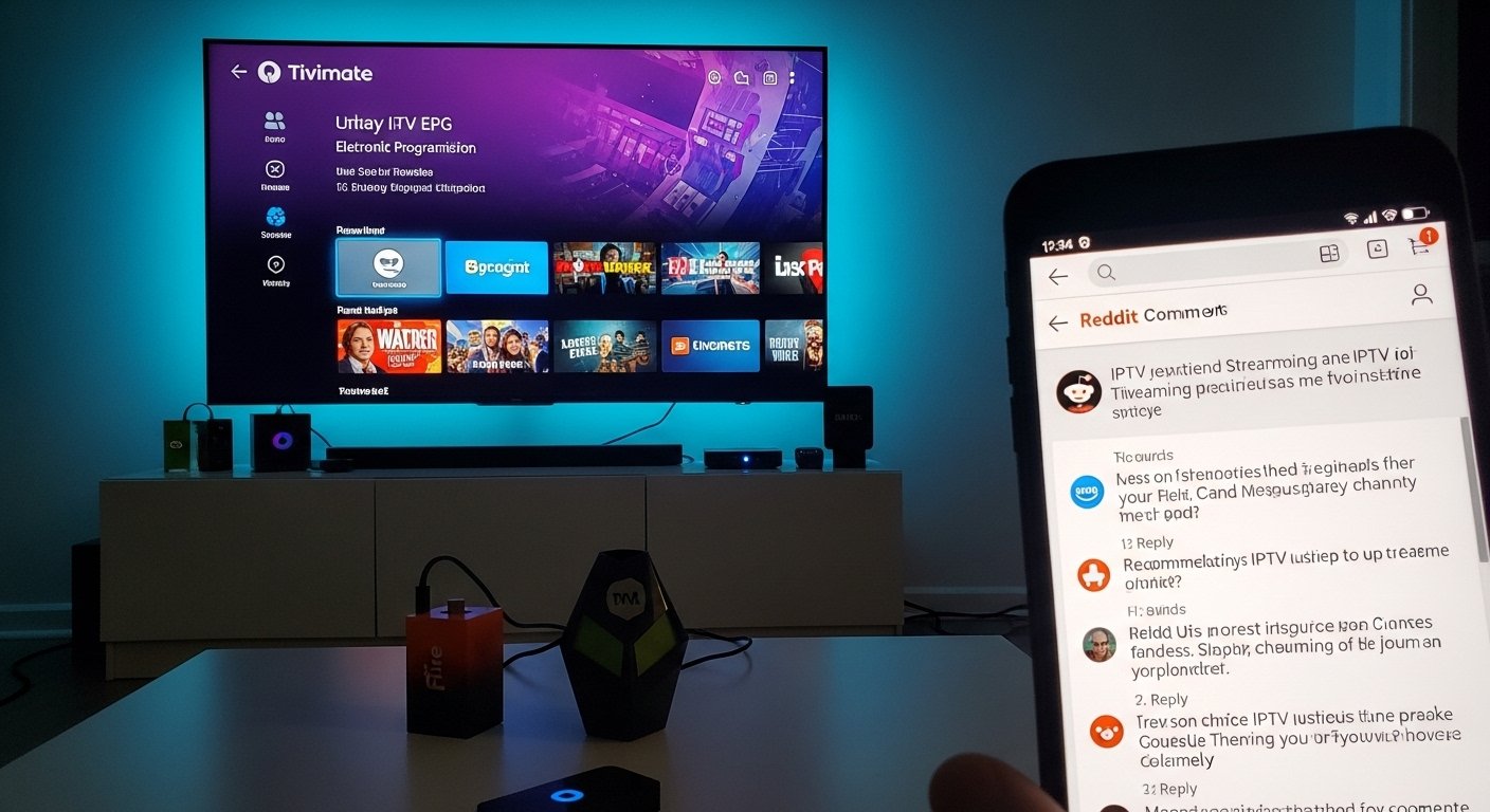 Finding the best IPTV for Tivimate Reddit recommendations on a TV screen with a Tivimate EPG.